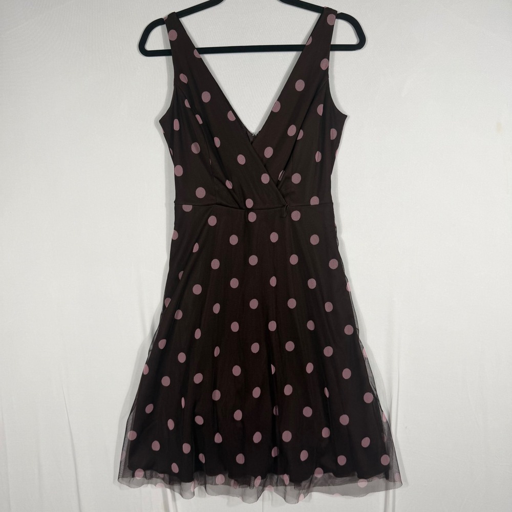 Vtg 90s Y2K A. Byer Midi Dress Sm Brown Pink Polka Dot Mesh Overlay Fit & Flare - Picture 2 of 6
